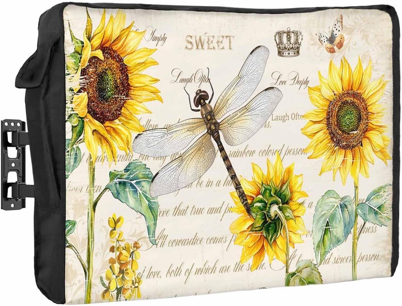 Dragonfly Sunflower Waterproof Outdoor TV Cover, Art Teal Floral Blooming Flower Paper Texture Outside Weatherproof TV Enclosures for 80 to 85 Inch LCD Television Shield Flat Screen Protectors - Image 1