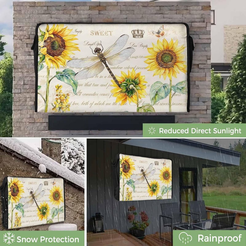 Dragonfly Sunflower Waterproof Outdoor TV Cover, Art Teal Floral Blooming Flower Paper Texture Outside Weatherproof TV Enclosures for 80 to 85 Inch LCD Television Shield Flat Screen Protectors - Image 3