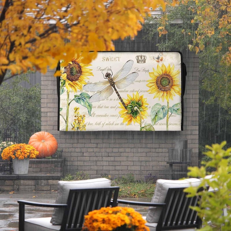 Dragonfly Sunflower Waterproof Outdoor TV Cover, Art Teal Floral Blooming Flower Paper Texture Outside Weatherproof TV Enclosures for 80 to 85 Inch LCD Television Shield Flat Screen Protectors - Image 2
