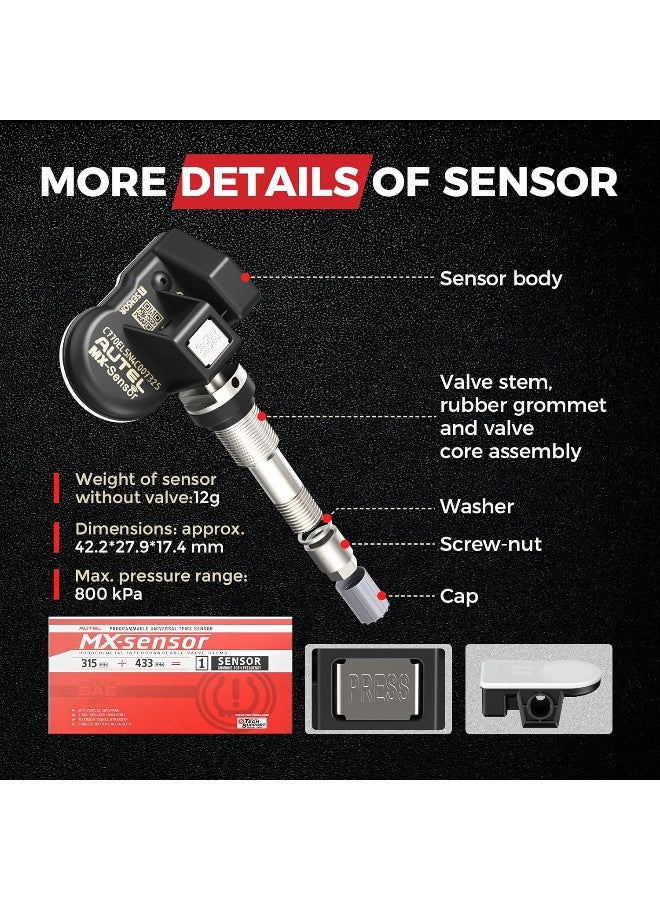 Autel TPMS Sensor 1-Sensor, MX-Sensor 315MHz + 433MHz Metal Valve, Programmable Universal Specially Built for OEM Sensors Replacement, Work with Autel TPMS Tool TS408S TS501 PRO TS508WIFI MK808S-TS
