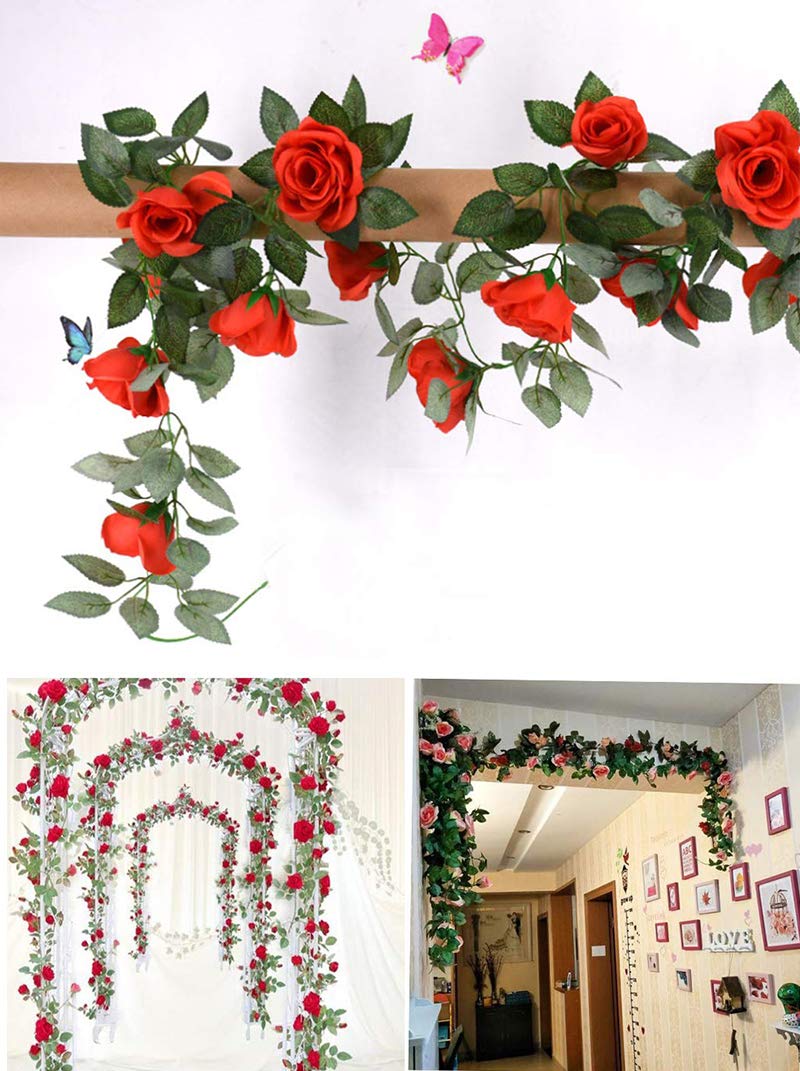 FAMI 4PCS(28.8 FT,16 Flowers) Artificial Flower Garland with White Rose, Fake Vines Silk Flower Hanging Rose Garland for Wedding Floral Arch Garden Background Engagement Ceremony Reception Decor -Red - Image 5
