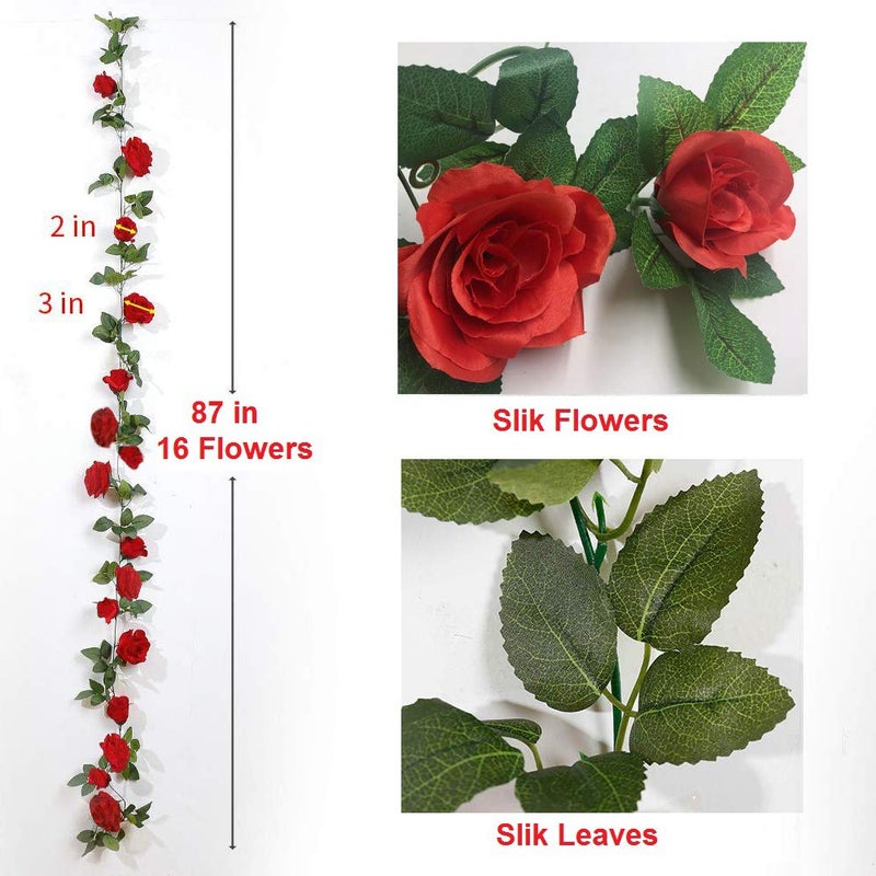 FAMI 4PCS(28.8 FT,16 Flowers) Artificial Flower Garland with White Rose, Fake Vines Silk Flower Hanging Rose Garland for Wedding Floral Arch Garden Background Engagement Ceremony Reception Decor -Red - Image 2