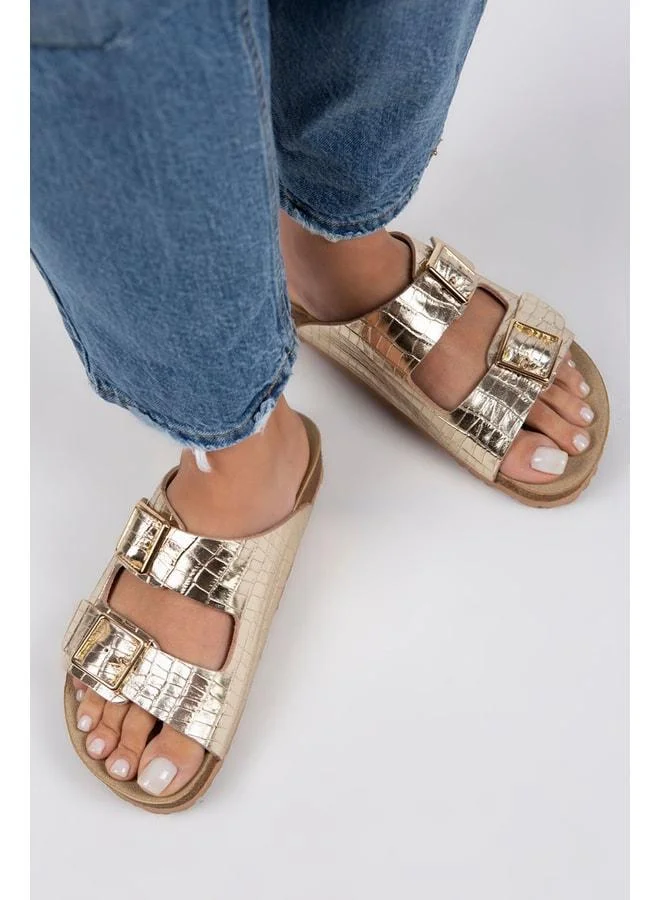 Croco Women's Real Leather Double Buckle Crocodile Gold Slipper.