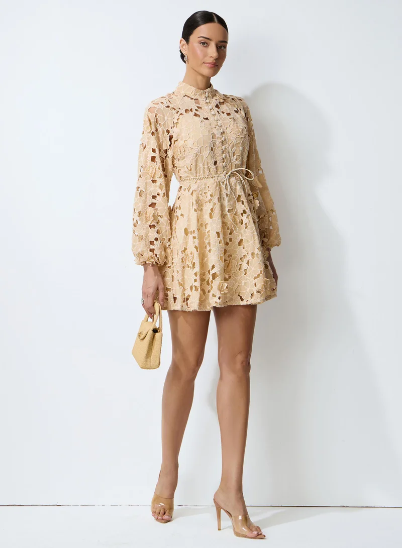 Sunfere Soft Hour Apricot Lace Floral Balloon Sleeve Mini Dress