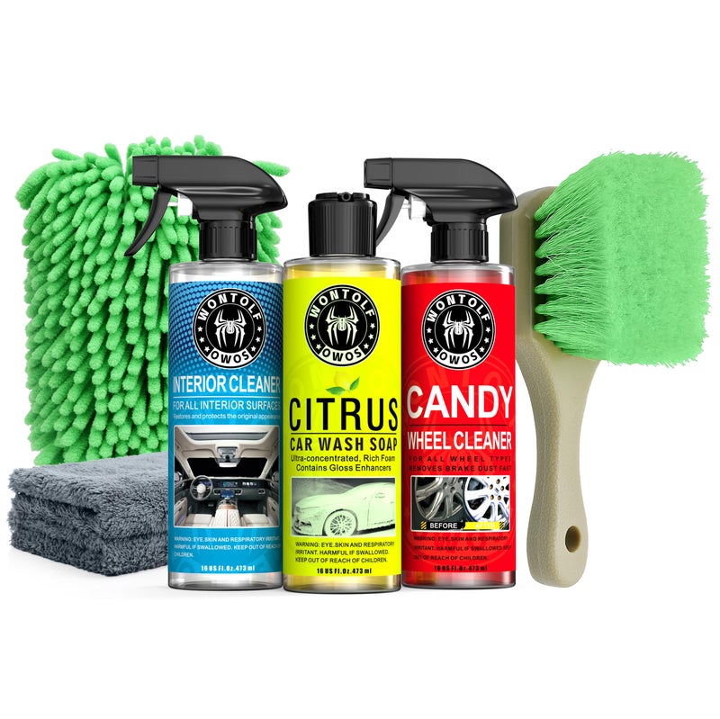 Wontolf Car Wash Kit with Car Wash Soap Shampoo Interior Cleaner Wheel Cleaner Car Detailing Cleaning Care Kit for Cars Trucks RVs SUVs Motorcycles Detailing Cleaning