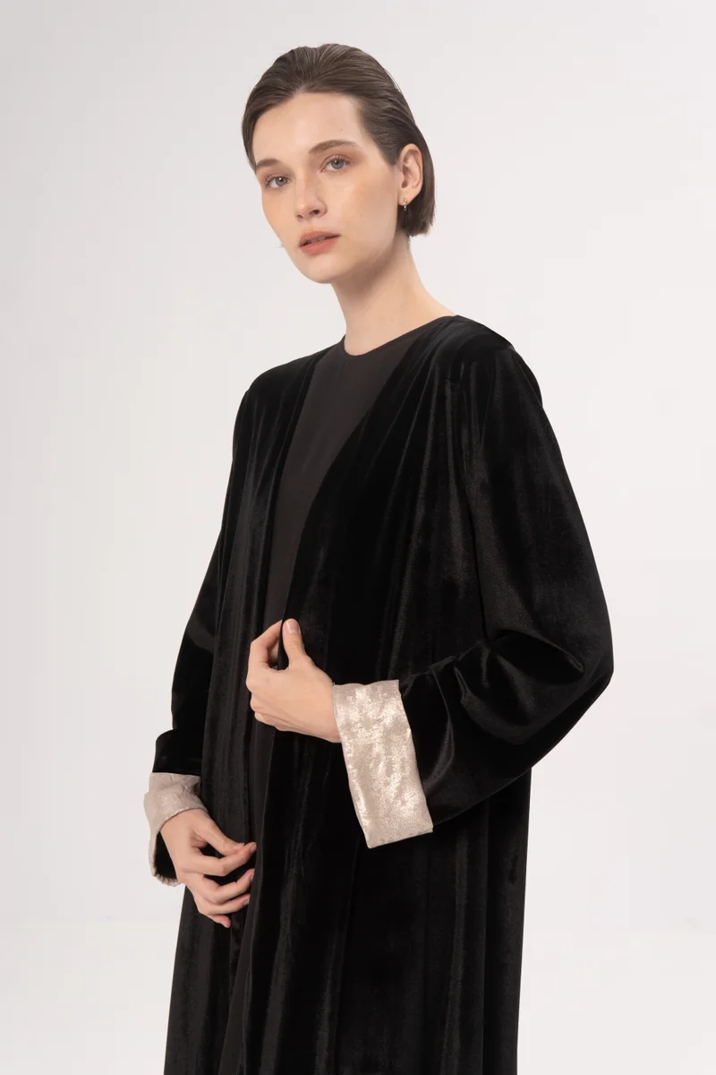 Hadiyath Al Madinah Black Velvet Open Abaya - HM
