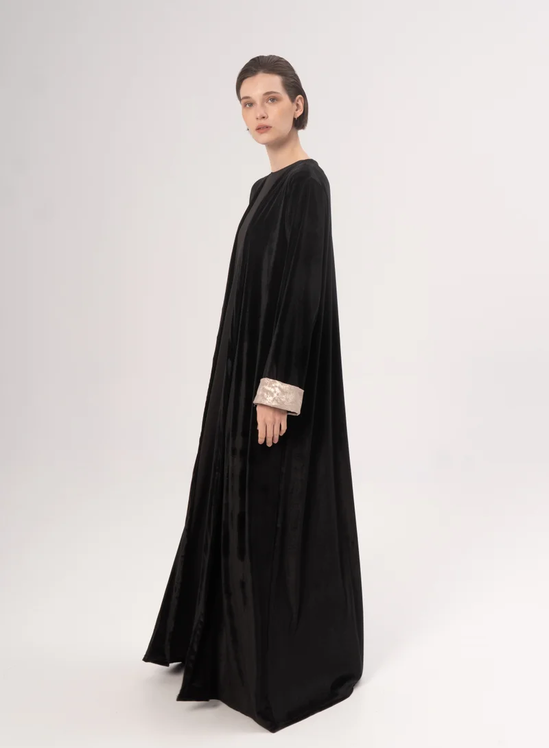 Hadiyath Al Madinah Black Velvet Open Abaya - HM