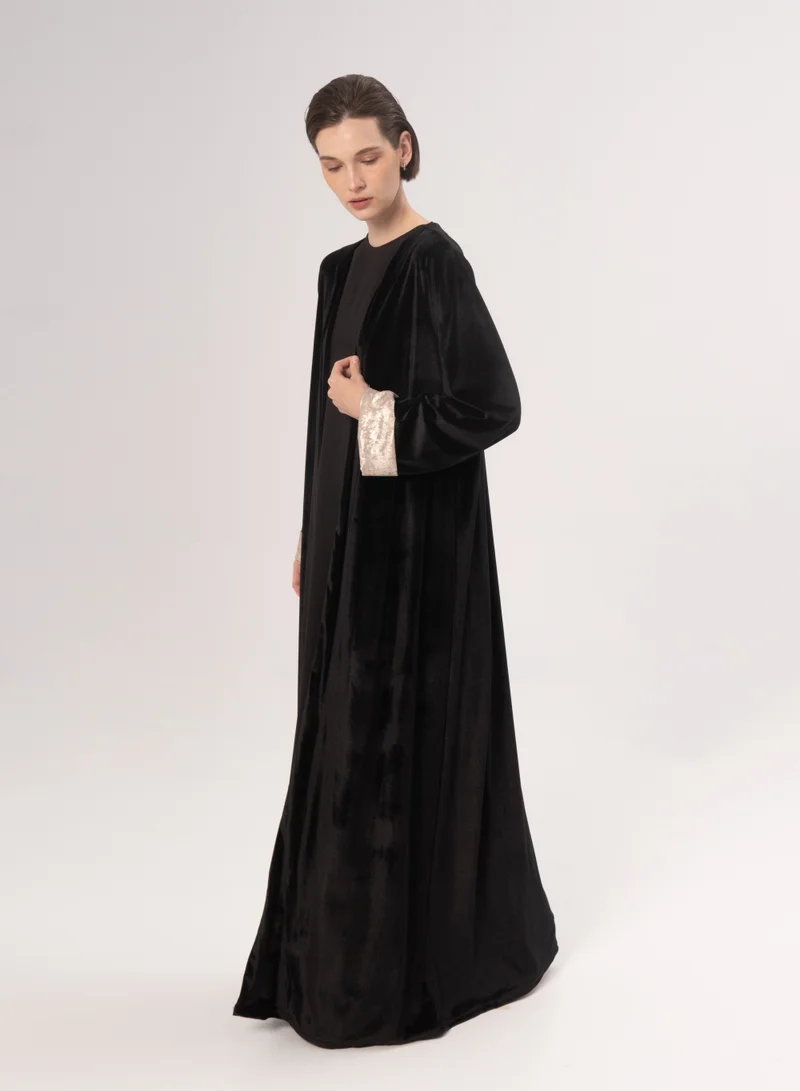 Hadiyath Al Madinah Black Velvet Open Abaya - HM