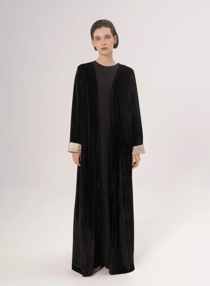 Hadiyath Al Madinah Black Velvet Open Abaya - HM