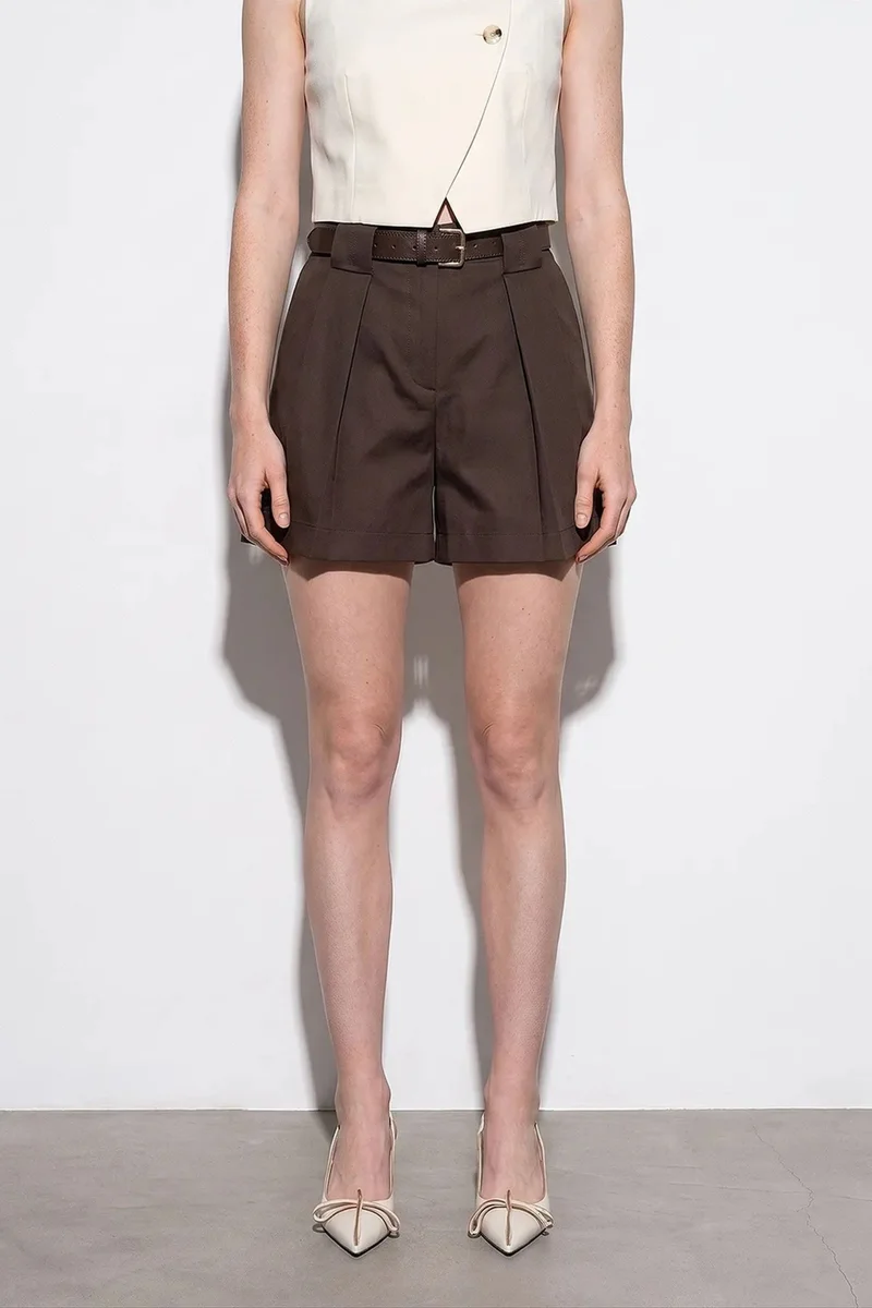 Dilvin Coffee Brown DILVIN Women’s High-Waist Pleated Tailored Shorts for Women | Best Price UAE