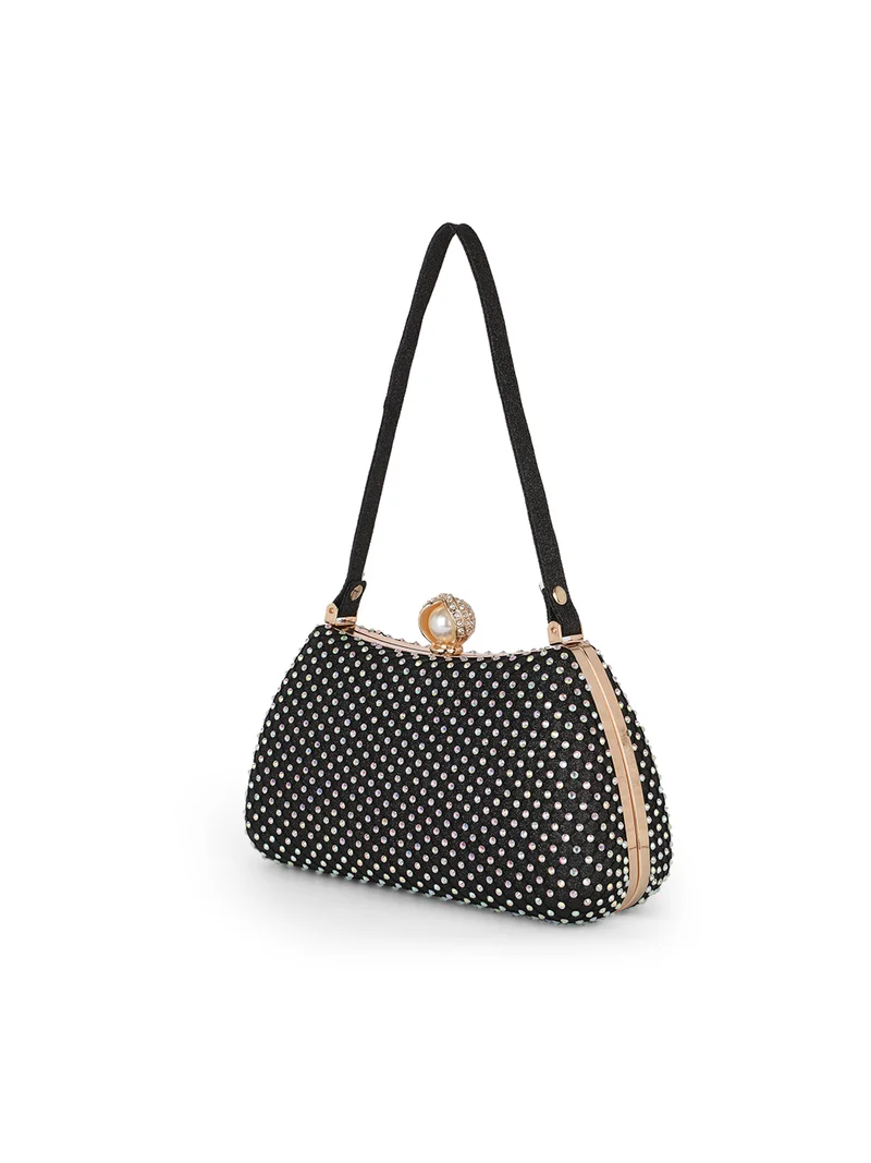 globus Globus Women Black Embellished Single Handle Curve Shape Party Clutch With Detachable Chain Strap