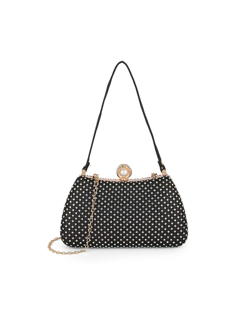 globus Globus Women Black Embellished Single Handle Curve Shape Party Clutch With Detachable Chain Strap