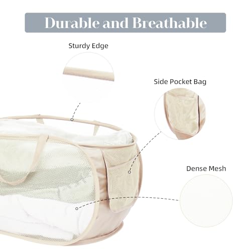 Bemkoo Durable Collapsible Laundry Baskets, Mesh Pop Up Laundry Hamper with Side Pocket, Foldable Clothes Hamper with Reinforced Carry Handles for Laundry, Bathroom, Kids Room, Dorm or Travel 2 Pack Beige - Image 4