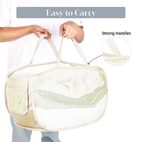 Bemkoo Durable Collapsible Laundry Baskets, Mesh Pop Up Laundry Hamper with Side Pocket, Foldable Clothes Hamper with Reinforced Carry Handles for Laundry, Bathroom, Kids Room, Dorm or Travel 2 Pack Beige - Image 5