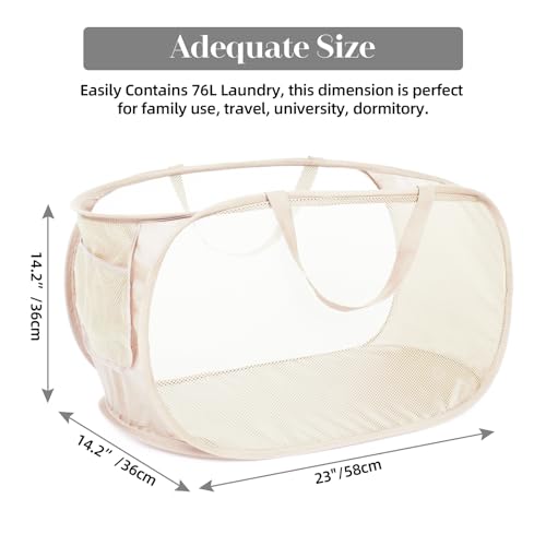 Bemkoo Durable Collapsible Laundry Baskets, Mesh Pop Up Laundry Hamper with Side Pocket, Foldable Clothes Hamper with Reinforced Carry Handles for Laundry, Bathroom, Kids Room, Dorm or Travel 2 Pack Beige - Image 3