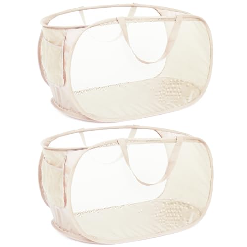 Bemkoo Durable Collapsible Laundry Baskets, Mesh Pop Up Laundry Hamper with Side Pocket, Foldable Clothes Hamper with Reinforced Carry Handles for Laundry, Bathroom, Kids Room, Dorm or Travel 2 Pack Beige - Image 1