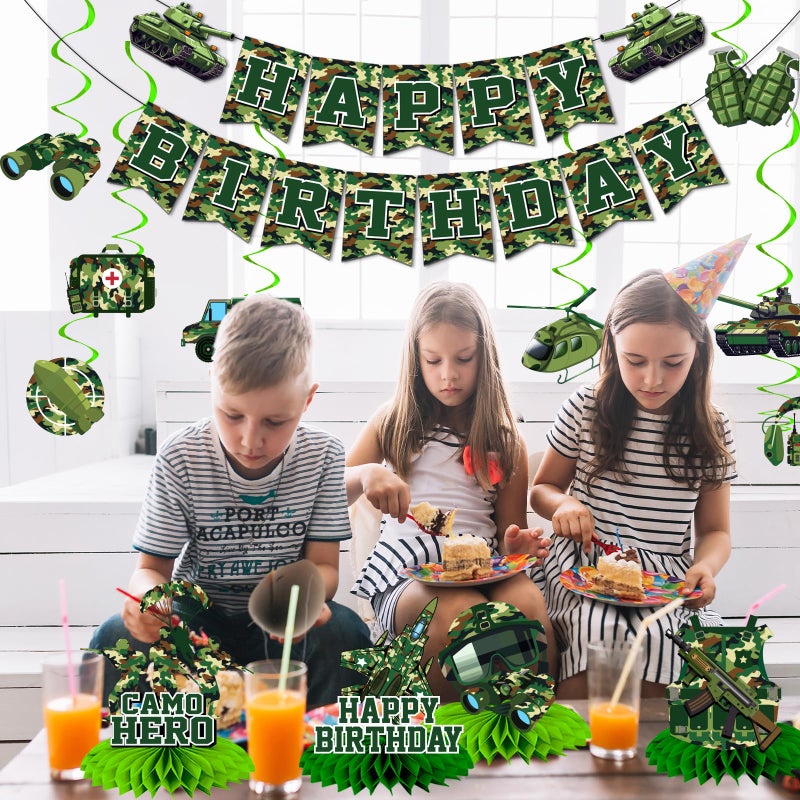 TEMYAXU Camo Birthday Party Decorations, Army Birthday Decoration includes Military Party Decorations Banner and Camoflage Hanging Swirls for Boys Party Supplies - Image 4