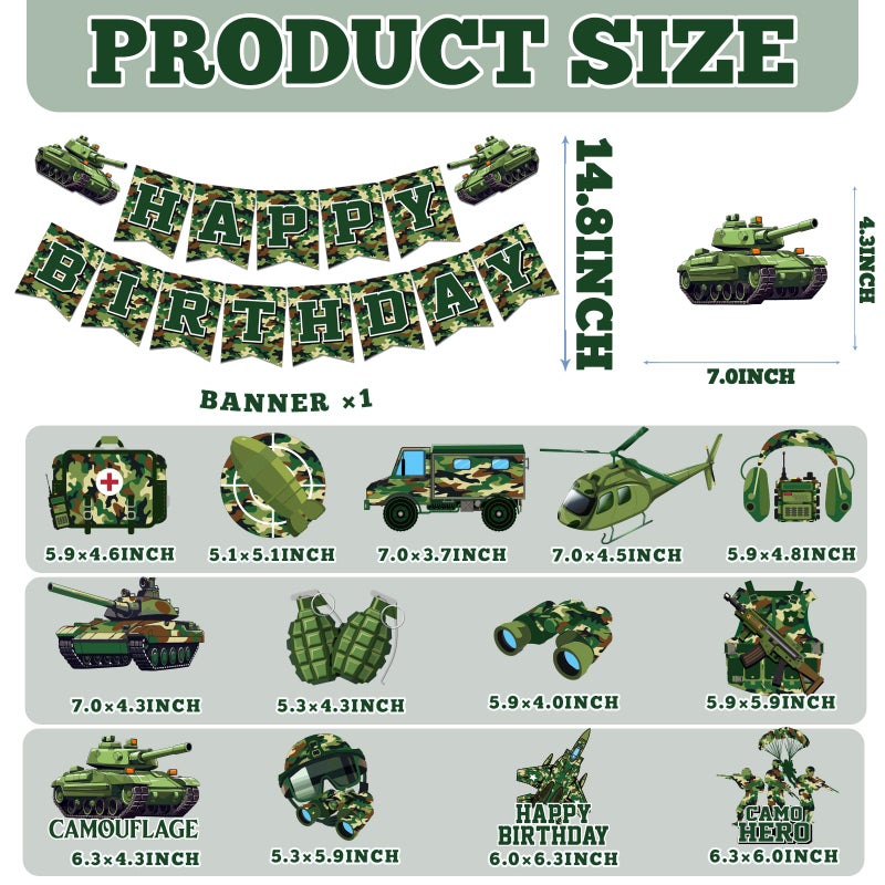 TEMYAXU Camo Birthday Party Decorations, Army Birthday Decoration includes Military Party Decorations Banner and Camoflage Hanging Swirls for Boys Party Supplies - Image 2