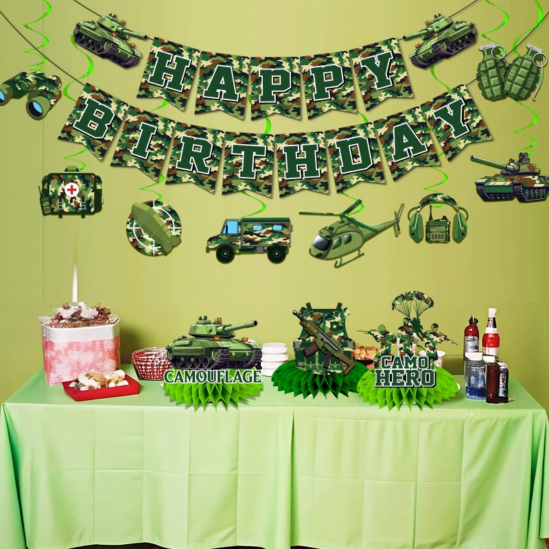 TEMYAXU Camo Birthday Party Decorations, Army Birthday Decoration includes Military Party Decorations Banner and Camoflage Hanging Swirls for Boys Party Supplies - Image 5
