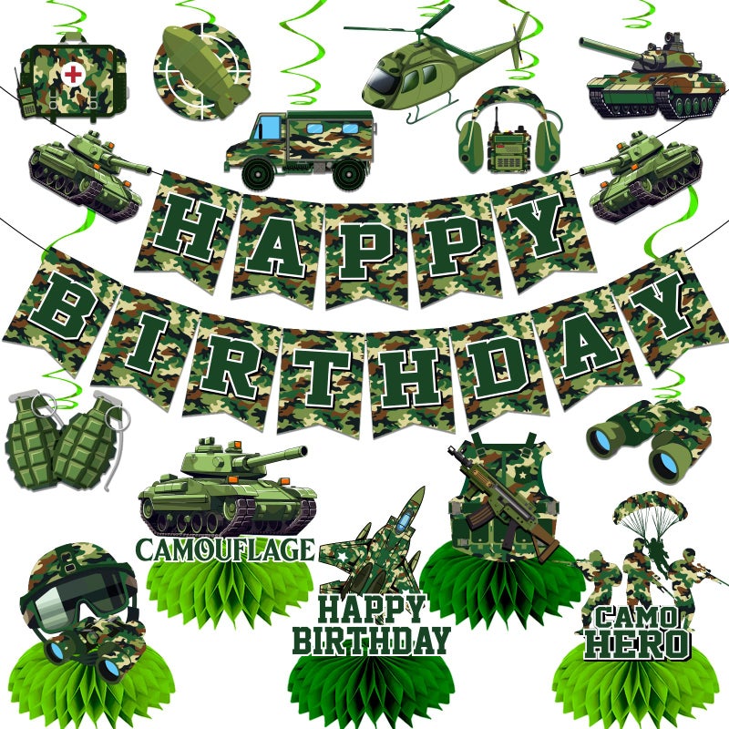TEMYAXU Camo Birthday Party Decorations, Army Birthday Decoration includes Military Party Decorations Banner and Camoflage Hanging Swirls for Boys Party Supplies - Image 1