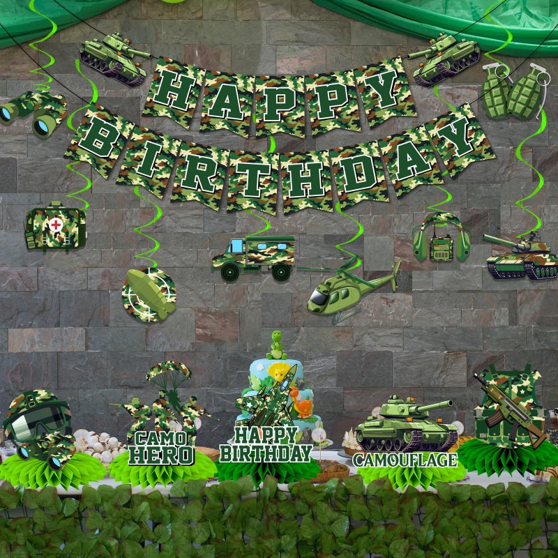 TEMYAXU Camo Birthday Party Decorations, Army Birthday Decoration includes Military Party Decorations Banner and Camoflage Hanging Swirls for Boys Party Supplies - Image 3