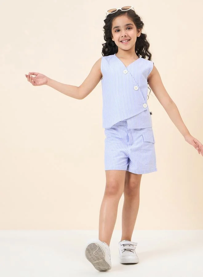 Stylo Bug Girls Blue Striped Sleeveless Top and Shorts Set
