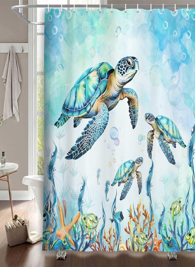 MERCHR Sea Turtle Shower Curtain Coastal Beach Decoration Nautical Shower Curtains for Bathroom, Blue Ocean Teal Fabric Bath Curtains Set with 12 Hooks, 71x71 Inches - Image 2