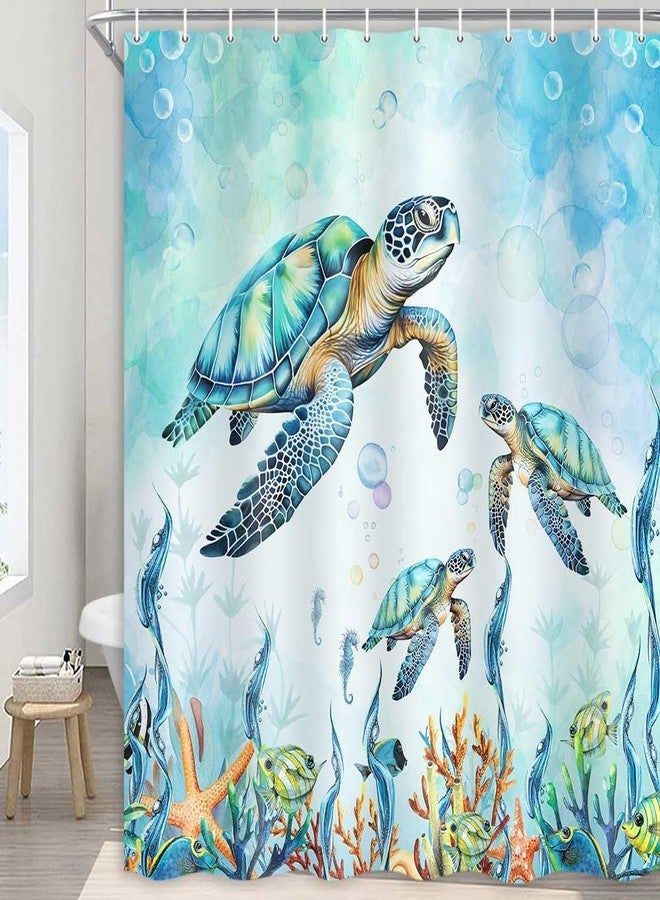 MERCHR Sea Turtle Shower Curtain Coastal Beach Decoration Nautical Shower Curtains for Bathroom, Blue Ocean Teal Fabric Bath Curtains Set with 12 Hooks, 71x71 Inches - Image 4