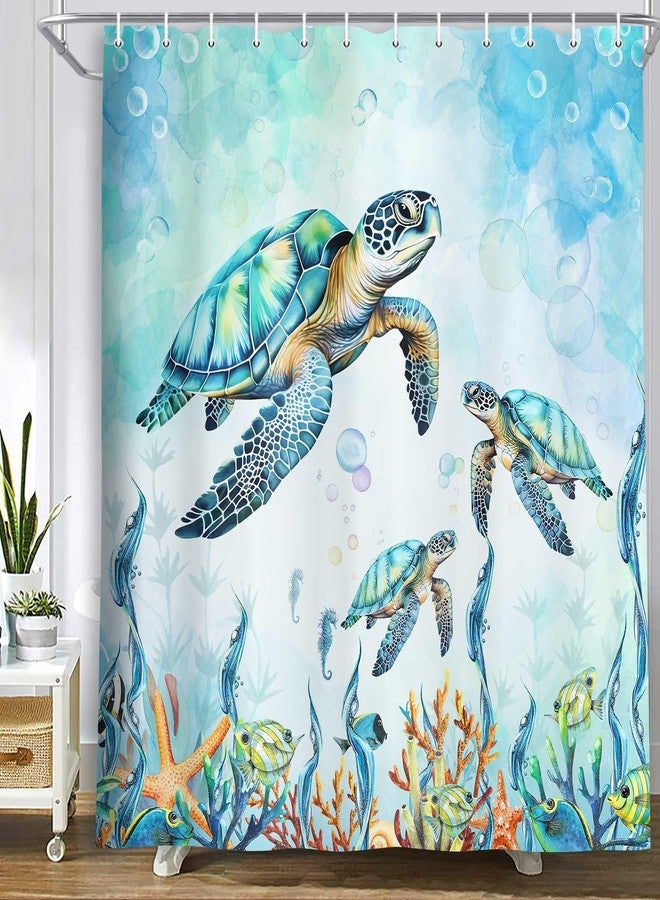 MERCHR Sea Turtle Shower Curtain Coastal Beach Decoration Nautical Shower Curtains for Bathroom, Blue Ocean Teal Fabric Bath Curtains Set with 12 Hooks, 71x71 Inches - Image 1