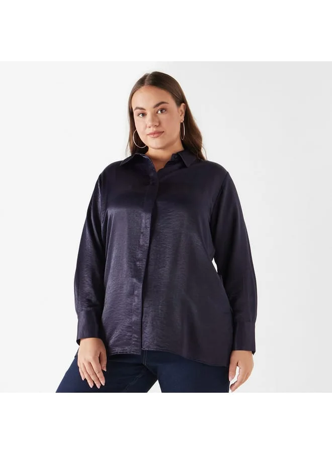 Ulla Popken Plus Size Ulla Popken Solid Shirt with Collar and Long Sleeves