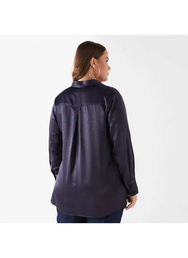 Ulla Popken Plus Size Ulla Popken Solid Shirt with Collar and Long Sleeves