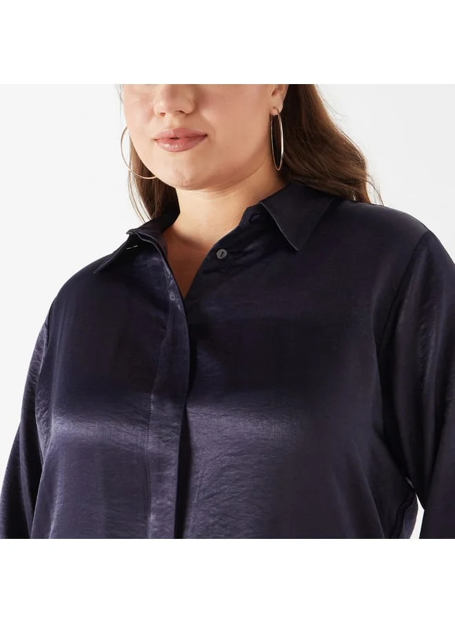 Ulla Popken Plus Size Ulla Popken Solid Shirt with Collar and Long Sleeves