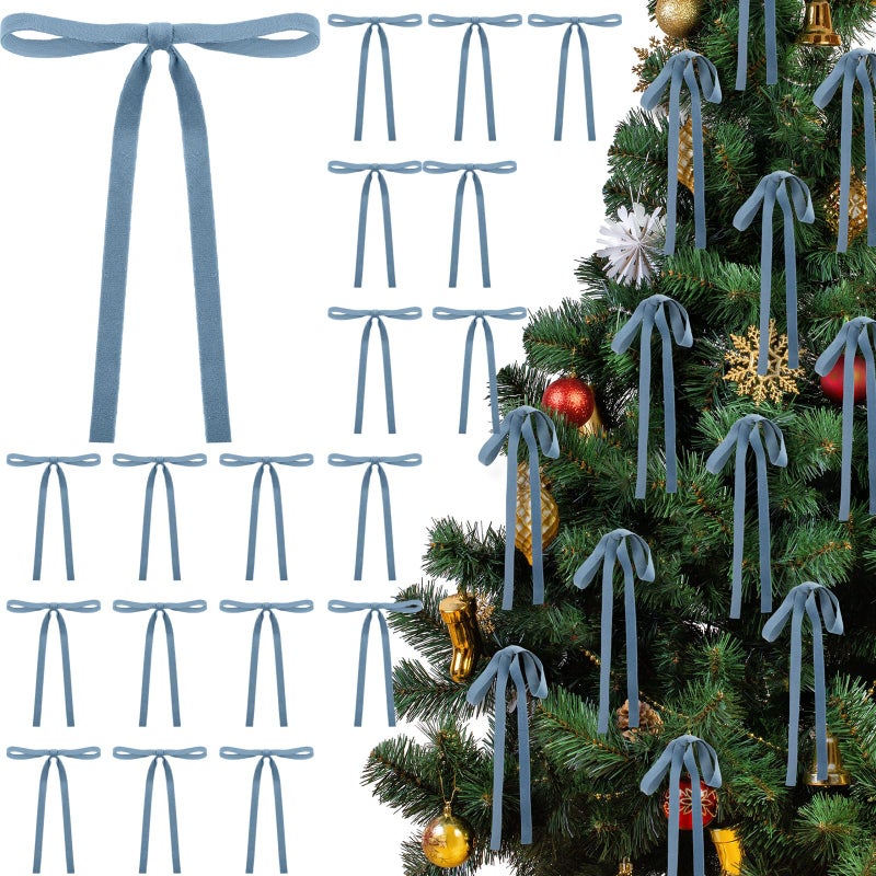 Glitinsel 24 Pcs Velvet Bows Christmas Tree Ornaments Vintage Double Faced Velvet Ribbon Bows for Tree Garland Wreath Indoor Outdoor Xmas5 x 7 InchWidth of 38Dusty Blue