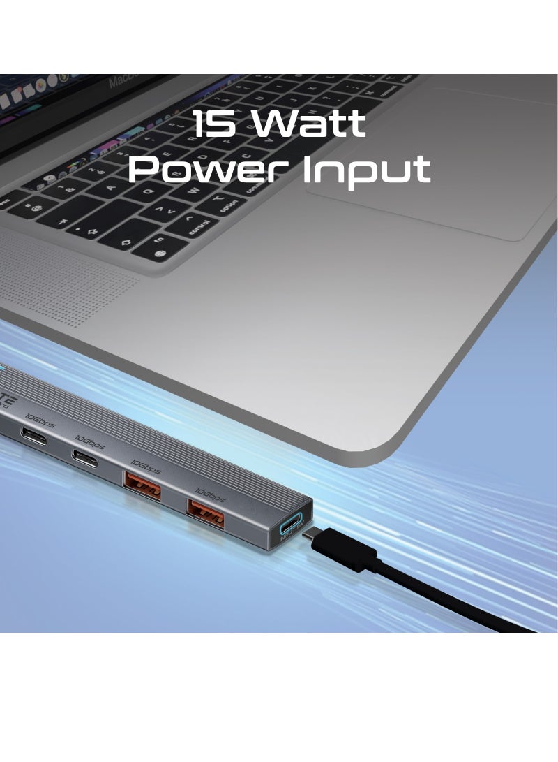 Promate 4-in-1 Multi-Display Hub, Dual USB-A Ports and Dual USB-C Ports with 10Gbps Data Transfer, 15W USB-C Power Supply Input, Compact Design, Built-in USB-C™ Connector, and Plug & Play  for  Laptop Grey - Image 4