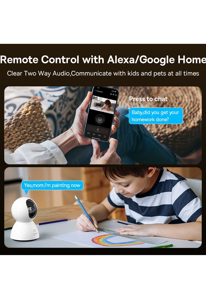 4MP 3K Ultra HD Pan/Tilt Indoor WiFi Security Camera with Night Vision, 2-Way Audio, Motion Detection, Baby Monitor, Supports Micro SD Card up to 256GB, Compatible with Google Assistant and Amazon Alexa, Remote Management via APP