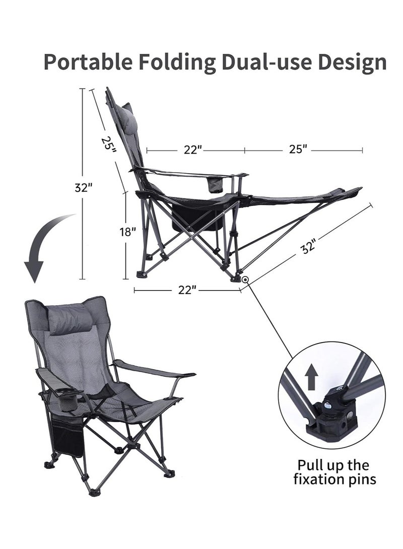 Arabest Camping lounge chair, portable lightweight folding outdoor camping chair with footstool, headrest, cup holder and storage bag, mesh breathable beach chair, weighing 330 pounds (Grey) - Image 3