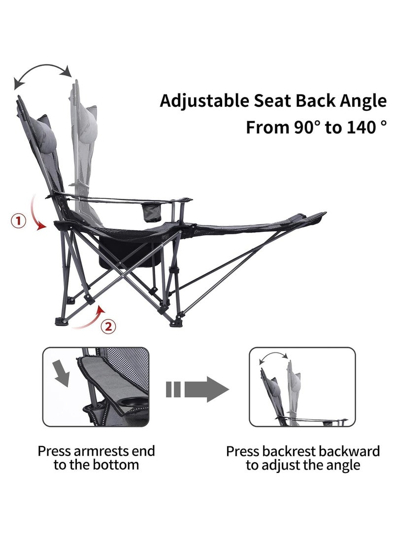 Arabest Camping lounge chair, portable lightweight folding outdoor camping chair with footstool, headrest, cup holder and storage bag, mesh breathable beach chair, weighing 330 pounds (Grey) - Image 4