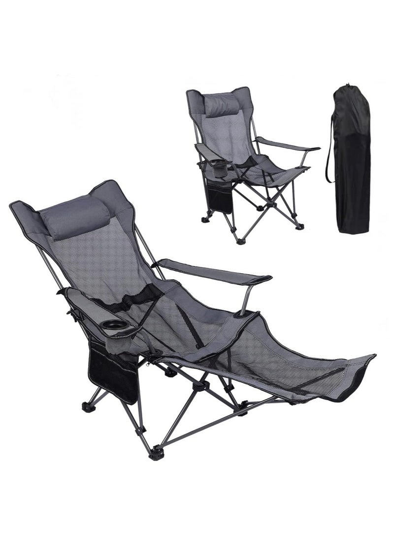 Arabest Camping lounge chair, portable lightweight folding outdoor camping chair with footstool, headrest, cup holder and storage bag, mesh breathable beach chair, weighing 330 pounds (Grey) - Image 1