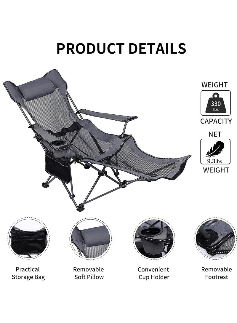 Arabest Camping lounge chair, portable lightweight folding outdoor camping chair with footstool, headrest, cup holder and storage bag, mesh breathable beach chair, weighing 330 pounds (Grey) - Image 5
