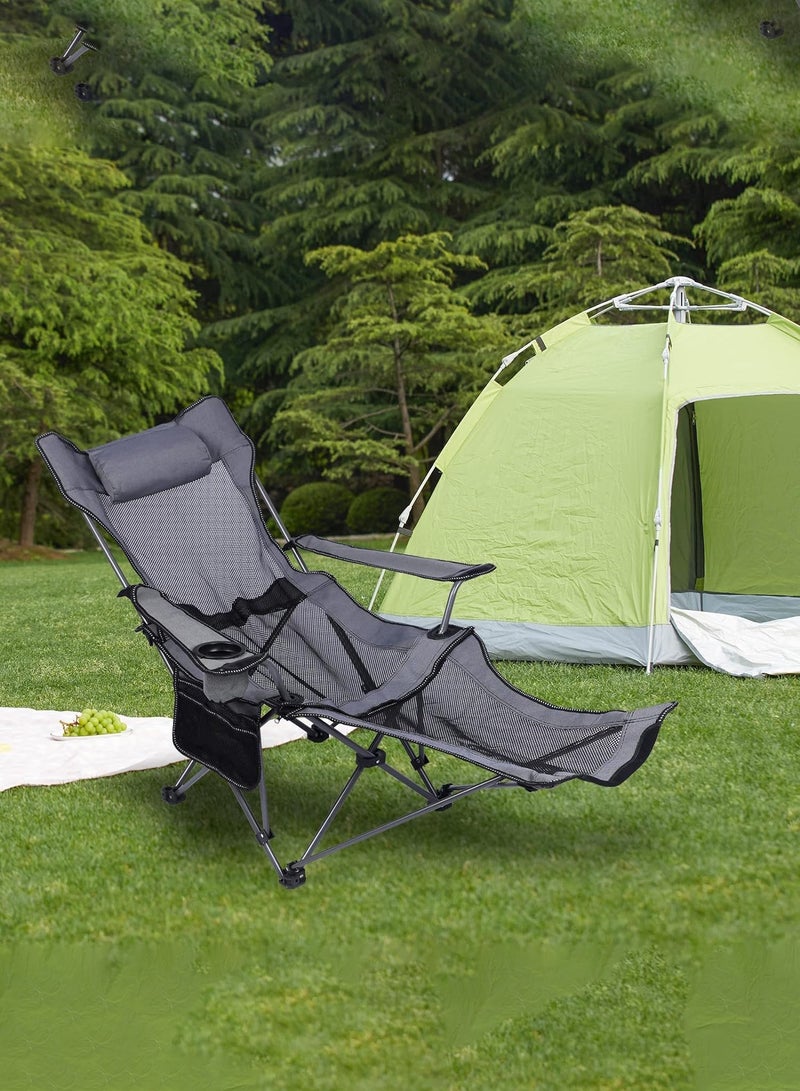 Arabest Camping lounge chair, portable lightweight folding outdoor camping chair with footstool, headrest, cup holder and storage bag, mesh breathable beach chair, weighing 330 pounds (Grey) - Image 2