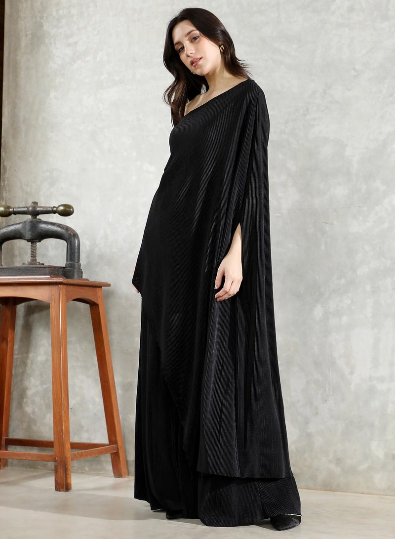 QISSA Women's Asymmetrical-Pleated Co-Ord Set For Ethnic Wear | One-Shoulder, Quarter Bat Sleeves | Solid Pleated Woven Fabric | 2 Piece Co-Ords Designed For Evening & Party Wear | Midnight Black - Image 2