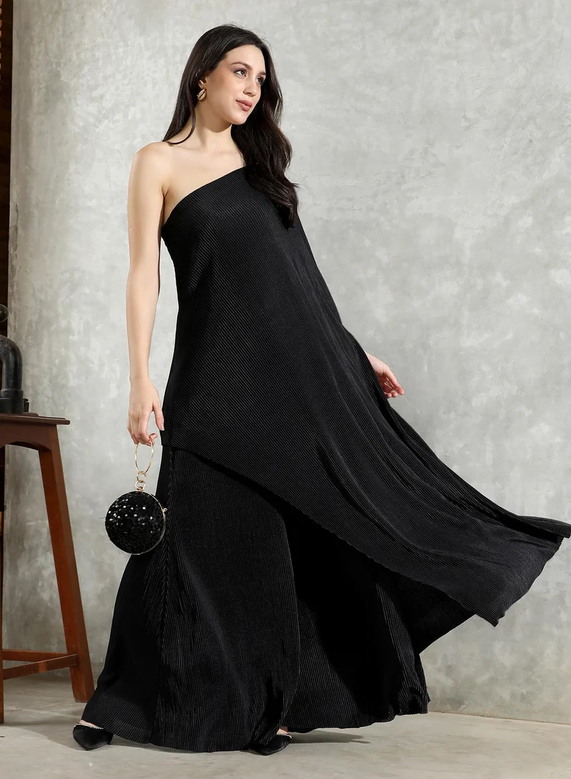  قصة Women's Asymmetrical-Pleated Co-Ord Set For Ethnic Wear | One-Shoulder, Quarter Bat Sleeves | Solid Pleated Woven Fabric | 2 Piece Co-Ords Designed For Evening & Party Wear | Midnight Black