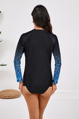 Halcurt Womens Long Sleeve Rash Guard Swim Shirts with Built in Bra UPF50+ Sun Protection Swimsuit Top Ombre Black Blue L - Image 2