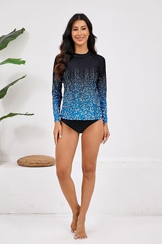 Halcurt Womens Long Sleeve Rash Guard Swim Shirts with Built in Bra UPF50+ Sun Protection Swimsuit Top Ombre Black Blue L - Image 3
