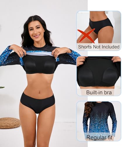 Halcurt Womens Long Sleeve Rash Guard Swim Shirts with Built in Bra UPF50+ Sun Protection Swimsuit Top Ombre Black Blue L - Image 5