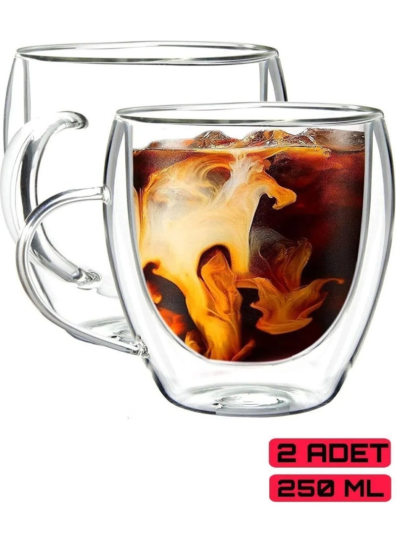 Octopus Bazaar 2 Pieces Double Walled Handmade Glass Tea Coffee Milk Mug Borosilicate Cups with Handles  - Image 1