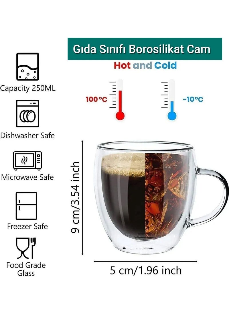 Octopus Bazaar 2 Pieces Double Walled Handmade Glass Tea Coffee Milk Mug Borosilicate Cups with Handles  - Image 2