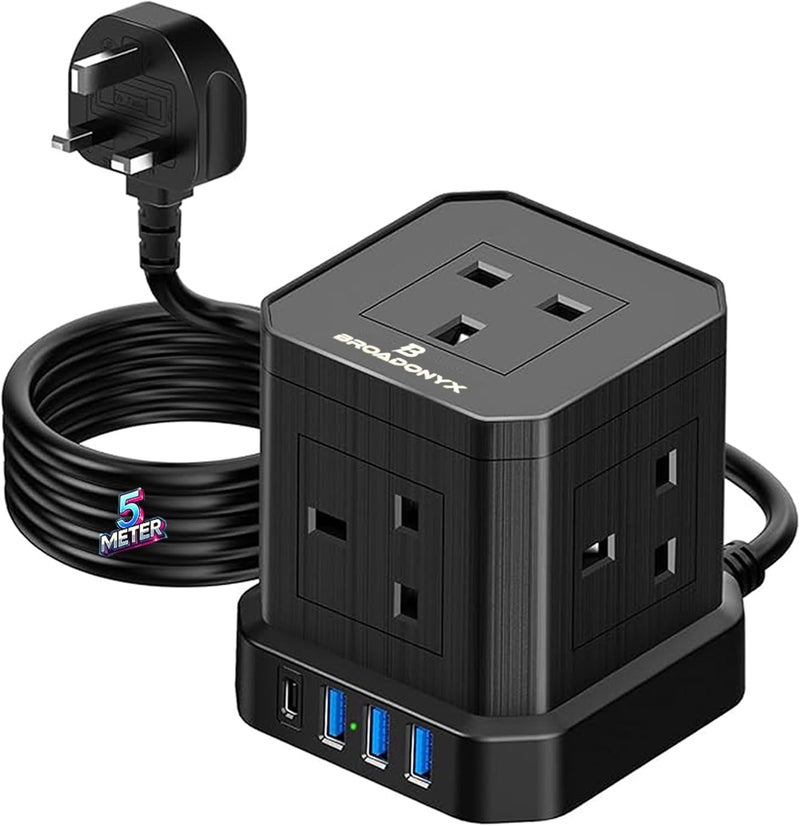 BROADONYX Extension cord cube with 5M Pure Copper Cable 13A 3250W Heavy Duty Power Strip 5 AC Outlets 3 USB-A & 1 USB-C Fast Charging Multi-Plug Socket for Home Office & Appliances - Image 1