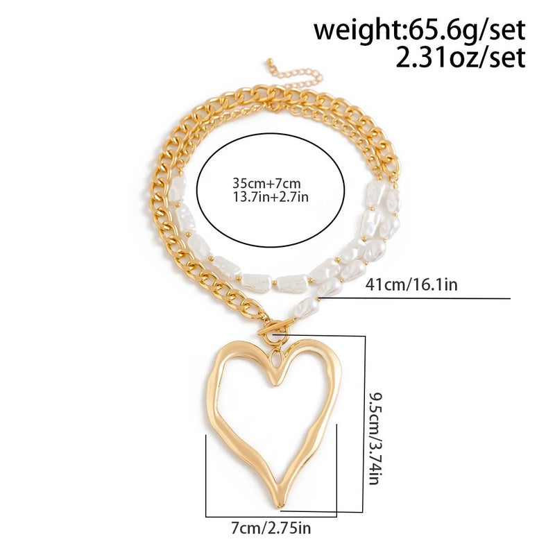 GIGB PBDK Y2k Large Heart Necklaces for Women Chunky Big Heart Pendant Necklace Exaggerated Layered Love Pearl Choker Necklace Set Dainty Statement Jewelry Gift (Gold) - Image 3
