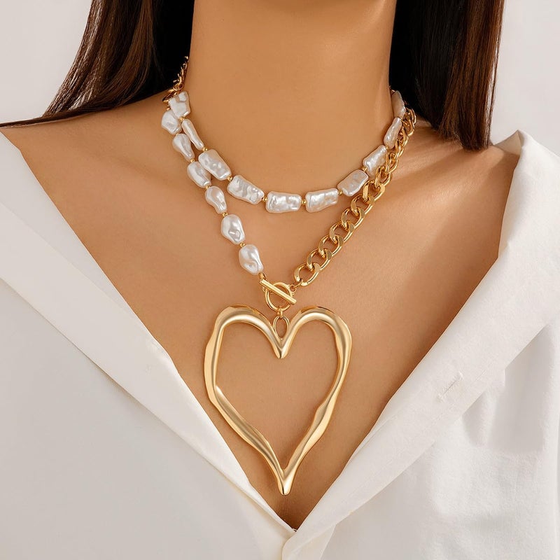 GIGB PBDK Y2k Large Heart Necklaces for Women Chunky Big Heart Pendant Necklace Exaggerated Layered Love Pearl Choker Necklace Set Dainty Statement Jewelry Gift (Gold) - Image 5